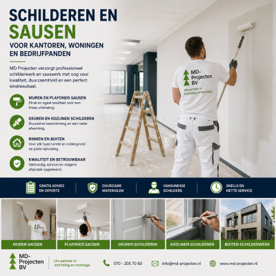 Schilderen en sausen van muren, plafonds, deuren en kozijnen voor kantoren, woningen en bedrijfspanden door MD Projecten.