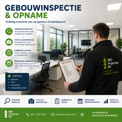 Gebouwinspectie en opname van een kantoor of bedrijfspand door MD Projecten met inspectierapport, onderhoudsadvies en gebouwbeheer.