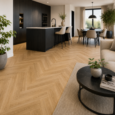 PVC collectie met licht eiken visgraat PVC vloer in moderne woonkamer en open keuken | MD Projecten