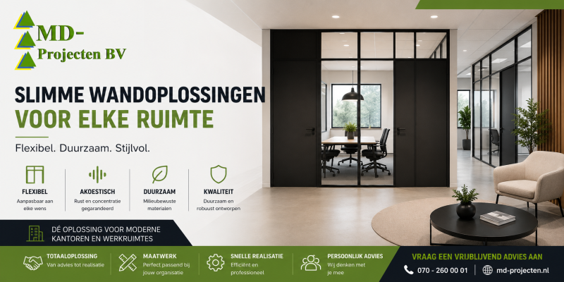 Moderne kantoorinrichting met clickwanden, glazen systeemwanden en akoestische oplossingen door MD Projecten.