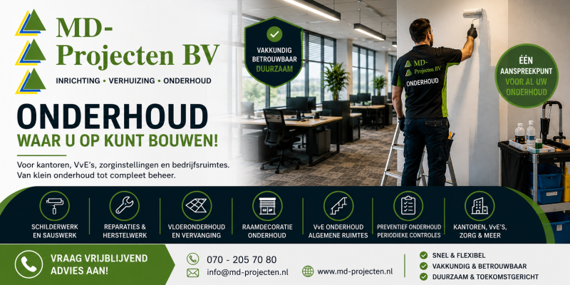 Onderhoud voor kantoren, VvE's en zorginstellingen met schilderwerk, reparaties en preventief onderhoud door MD Projecten