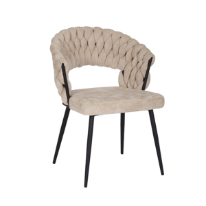 Eetkamerstoel Braid chenille in beige met gevlochten rugleuning