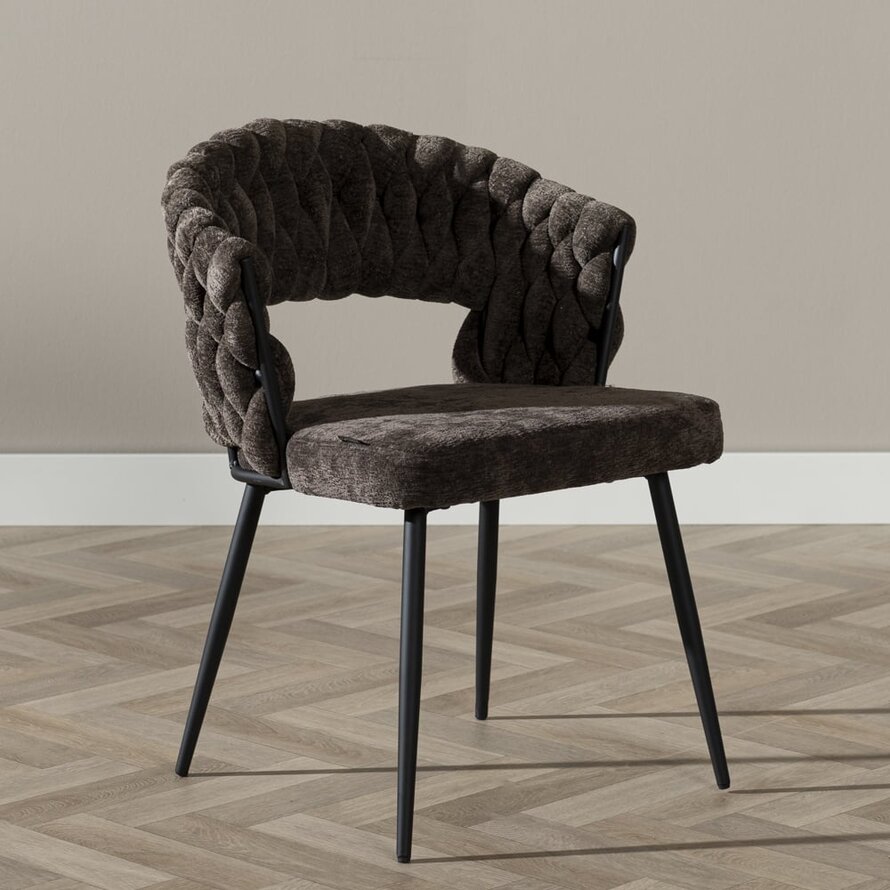Eetkamerstoel Braid chenille met gevlochten rug – beige of bruin - Afbeelding 4