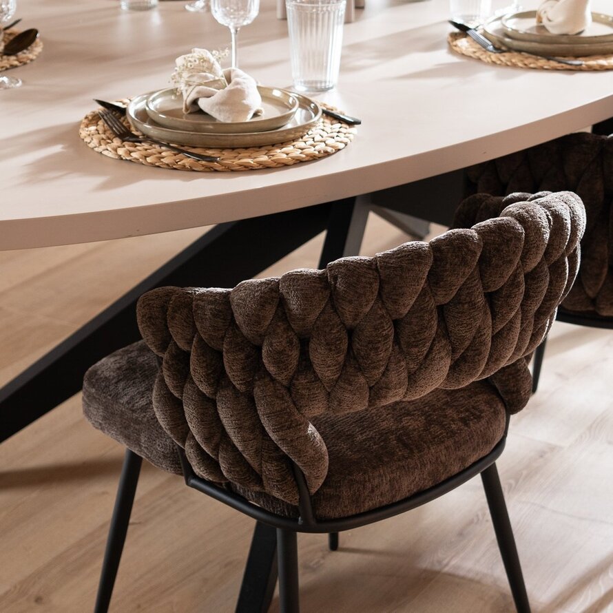 Eetkamerstoel Braid chenille met gevlochten rug – beige of bruin - Afbeelding 7