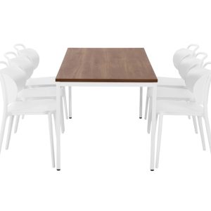 PRIME kantinetafel 160 bij 80 cm cognac walnoten met wit frame, stoelen ter illustratie