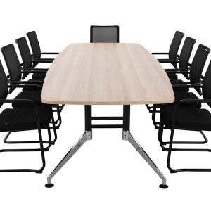 SIGN bootvormige vergadertafel 320x120 cm Scandinavisch eiken zwart chroom; stoelen niet inbegrepen