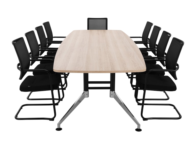 SIGN bootvormige vergadertafel 320x120 cm Scandinavisch eiken zwart chroom; stoelen niet inbegrepen