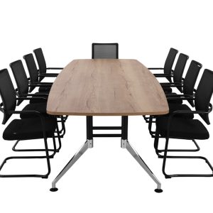 SIGN bootvormige vergadertafel 320x120 cm eiken zwart chroom; stoelen niet inbegrepen