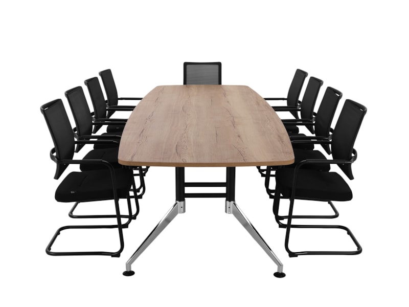 SIGN bootvormige vergadertafel 320x120 cm eiken zwart chroom; stoelen niet inbegrepen