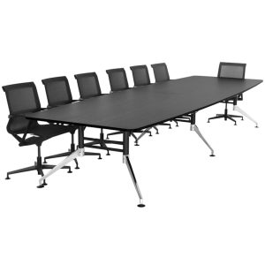 SIGN bootvormige vergadertafel 440x140 cm zwart met chroom voeten; stoelen niet inbegrepen