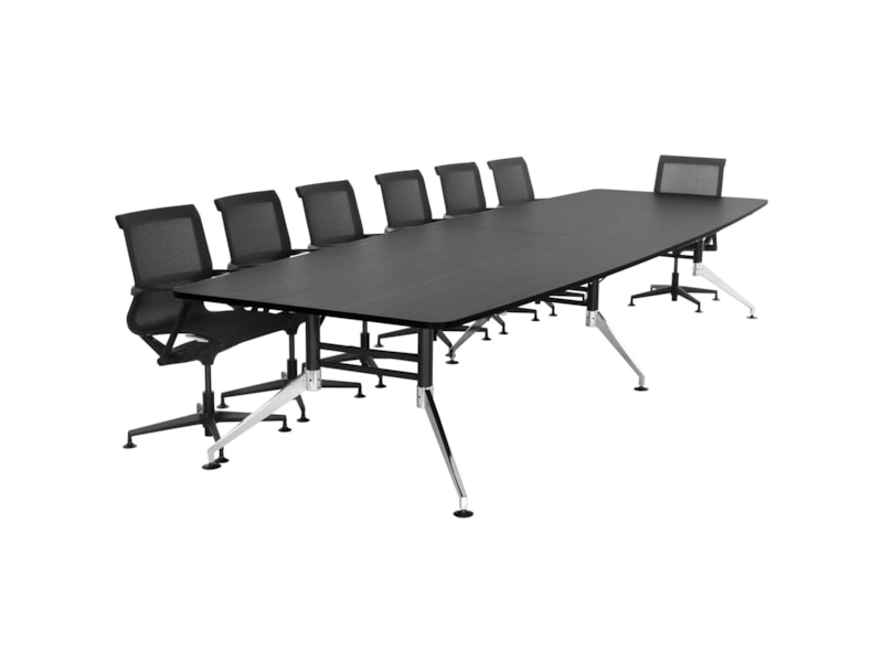 SIGN bootvormige vergadertafel 440x140 cm zwart met chroom voeten; stoelen niet inbegrepen