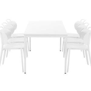 Volledig witte PRIME kantinetafel 160 bij 80 cm, stoelen ter illustratie