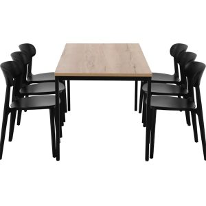 PRIME kantinetafel 200 bij 100 cm eiken met zwart frame, stoelen ter illustratie