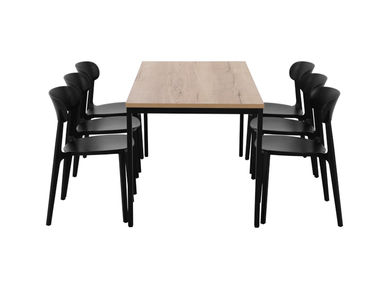 PRIME kantinetafel 200 bij 100 cm eiken met zwart frame, stoelen ter illustratie
