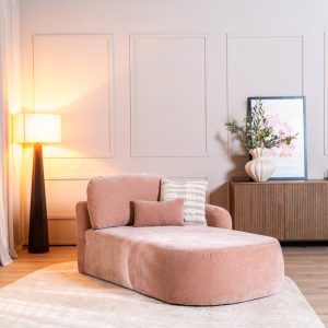Chaise longue Vienna roze chenille rechts, sfeervol aanzicht