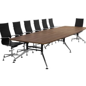 SIGN bootvormige vergadertafel 440x140 cm cognac walnoten zwart chroom; stoelen niet inbegrepen