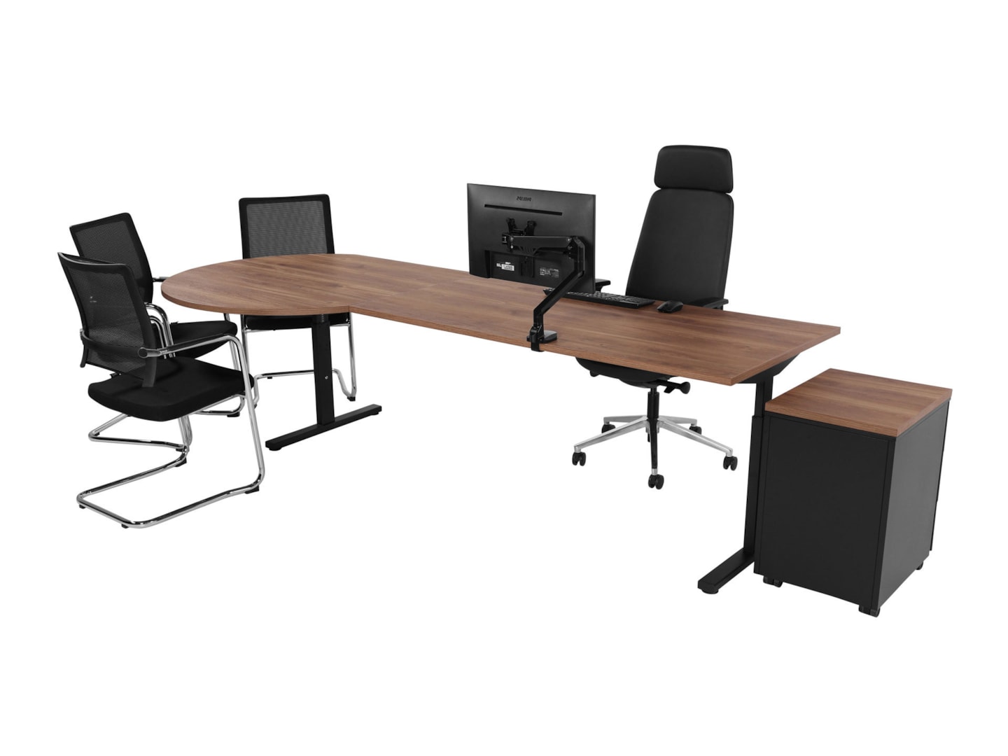 YOUP11 elektrisch bureau met vergaderstuk 260×80–Ø120 cm cognac walnoten zwart