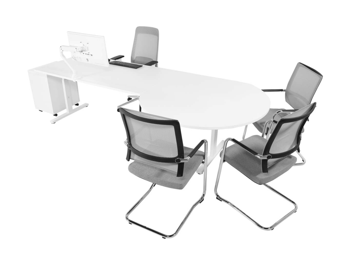 YOUP11 elektrisch bureau met vergaderstuk 200×80–Ø120 cm volledig wit
