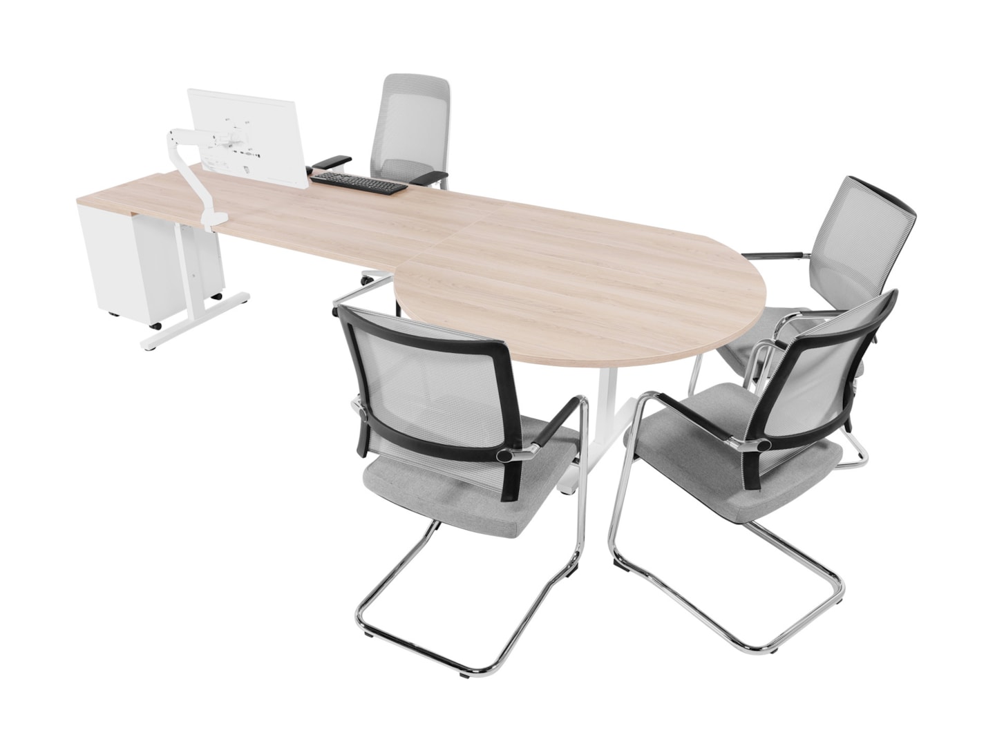 YOUP11 elektrisch bureau met vergaderstuk 260×80–Ø120 cm scandinavisch eiken wit