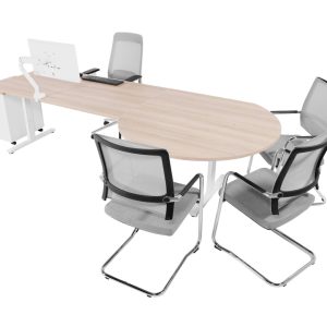 YOUP11 elektrisch bureau met vergaderstuk 240×80–Ø120 cm scandinavisch eiken wit