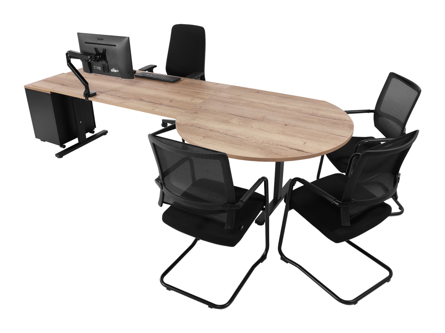 YOUP11 elektrisch bureau met vergaderstuk 240×80–Ø120 cm eiken zwart
