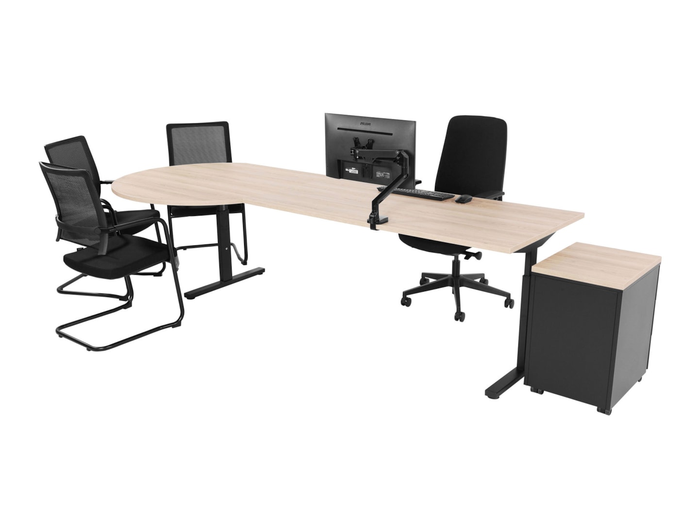 YOUP11 elektrisch bureau met vergaderstuk 240×80–Ø120 cm scandinavisch eiken zwart