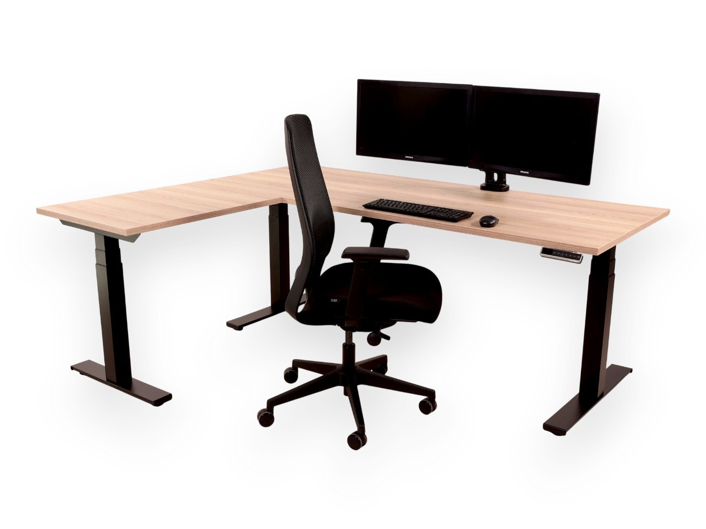 BURO02 elektrisch zit-sta hoekbureau 200×160 cm scandinavisch eiken zwart