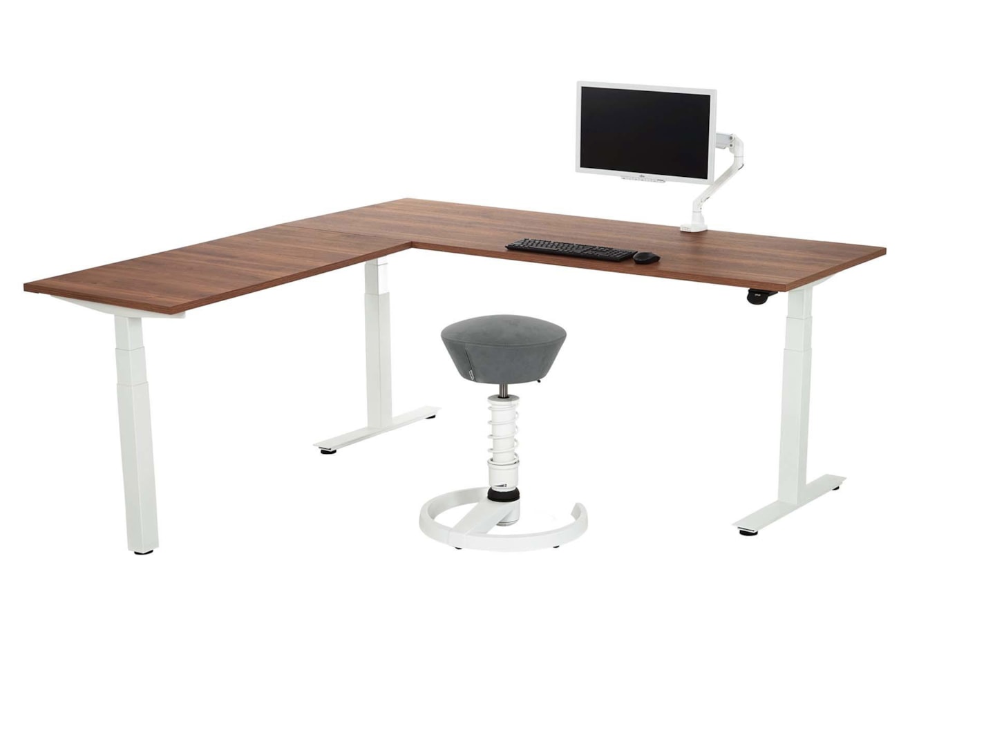 YOUP04 elektrisch zit-sta hoekbureau 200×220 cm cognac walnoten wit