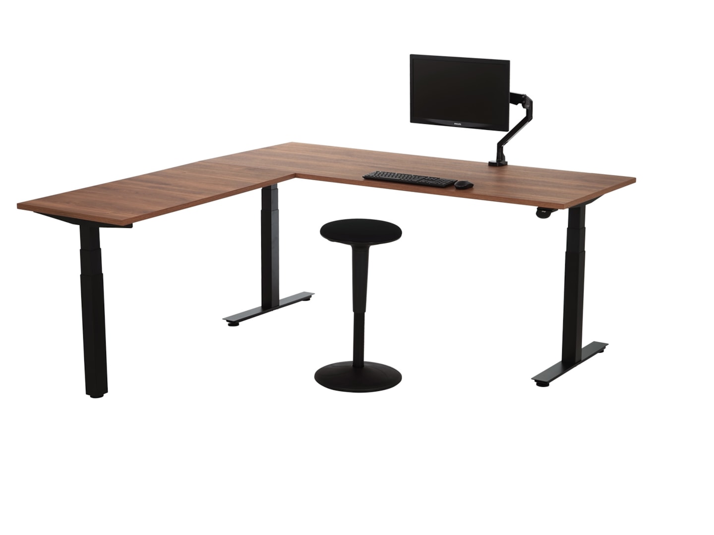 YOUP04 elektrisch zit-sta hoekbureau 200×200 cm cognac walnoten zwart