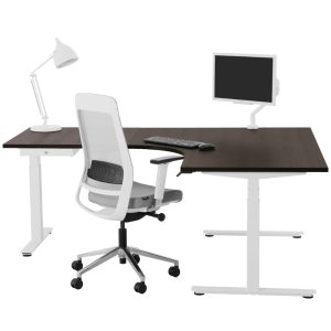 YOUP05 elektrisch zit-sta hoekbureau met ronde binnenhoek 240×200 cm donker sepia wit