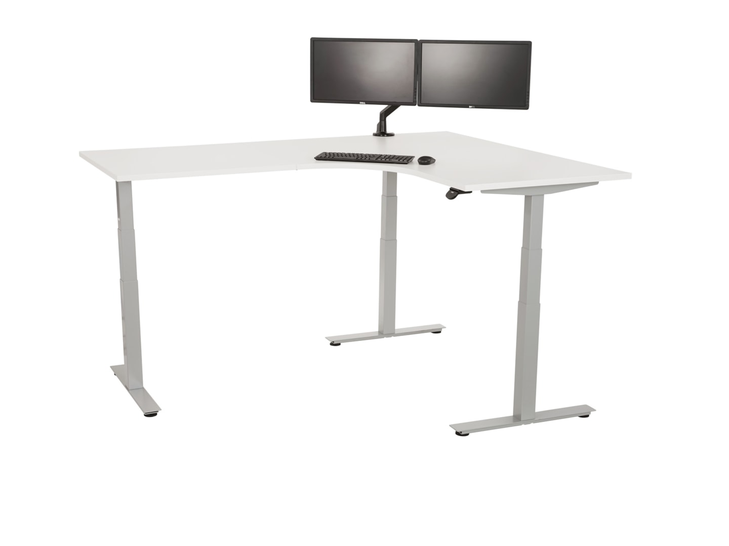 YOUP05 elektrisch zit-sta hoekbureau met ronde binnenhoek 200×160 cm wit zilvergrijs