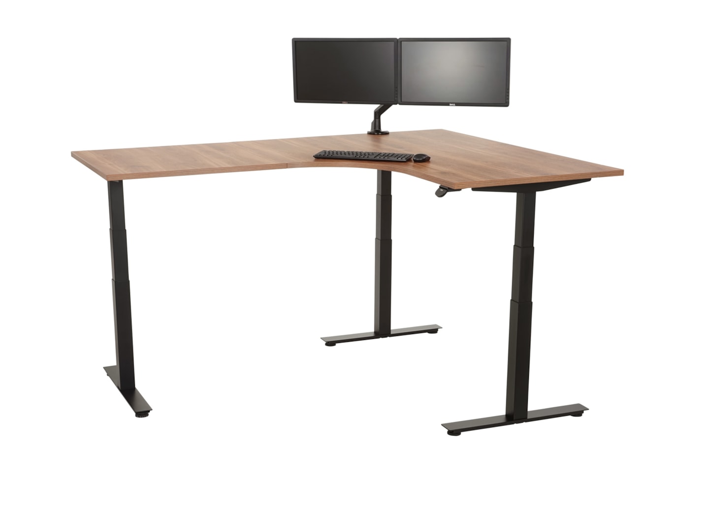 YOUP05 elektrisch zit-sta hoekbureau met ronde binnenhoek 200×160 cm cognac walnoten zwart