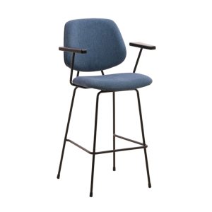 Eva barkruk blauw met zwart frame en houten armleggers