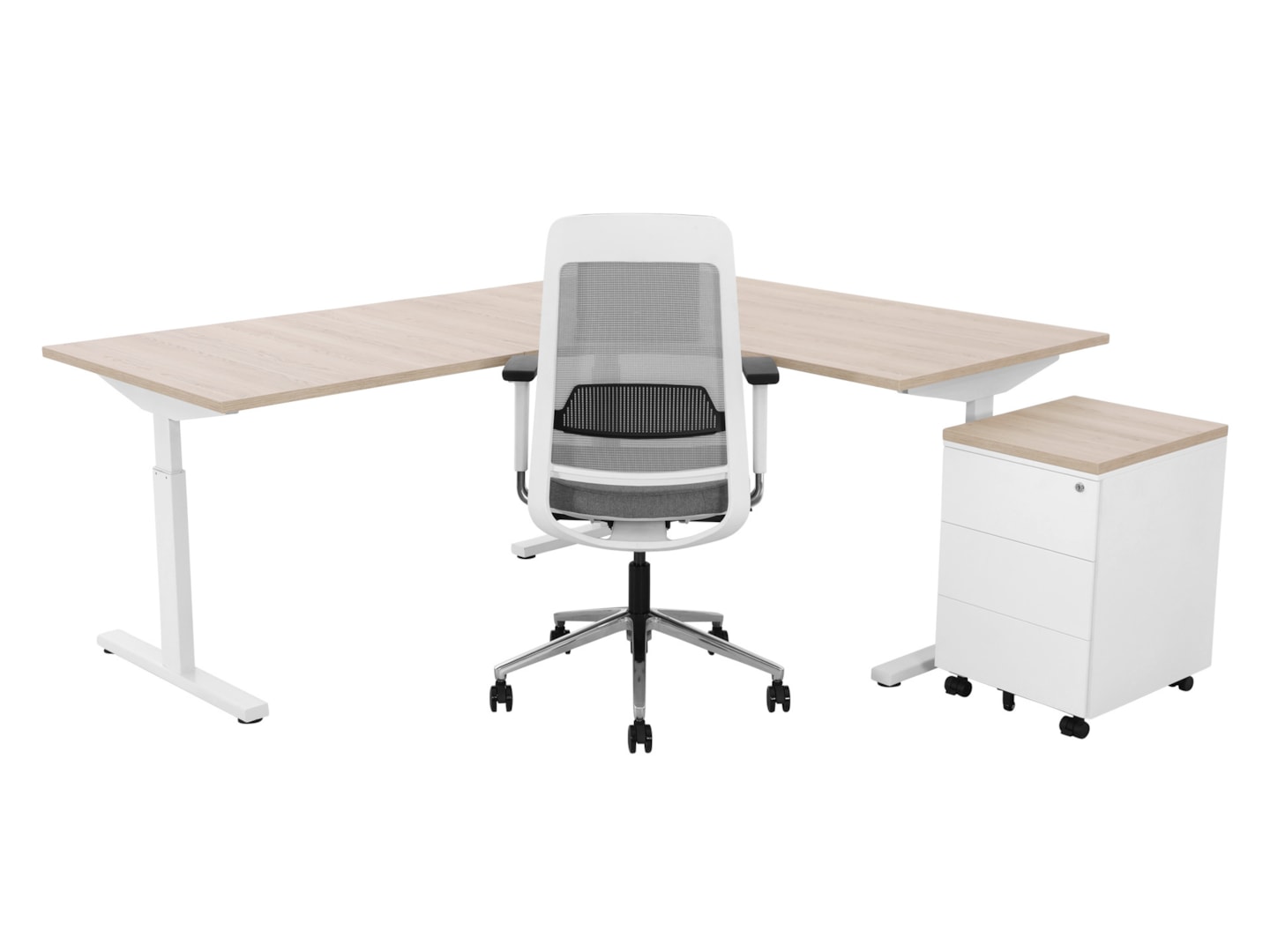 TUBE hoekbureau met ronde binnenhoek 240×240 cm scandinavisch eiken wit