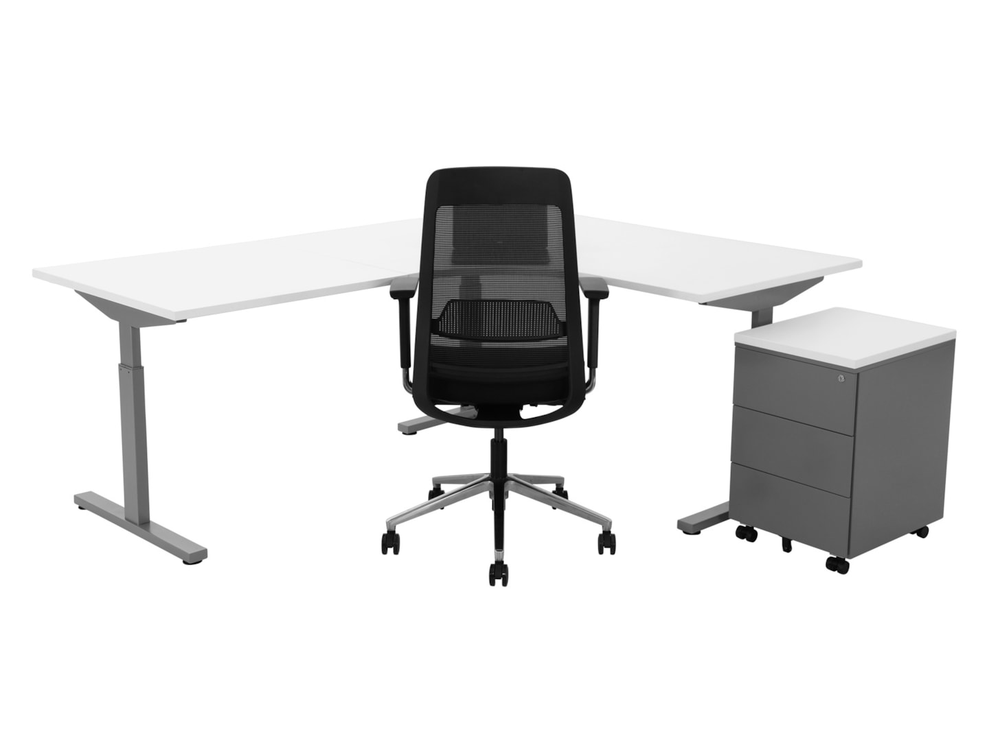 TUBE hoekbureau met ronde binnenhoek 240×160 cm wit zilvergrijs