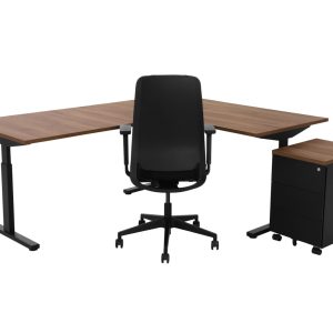 TUBE hoekbureau met ronde binnenhoek 200×160 cm cognac walnoten zwart