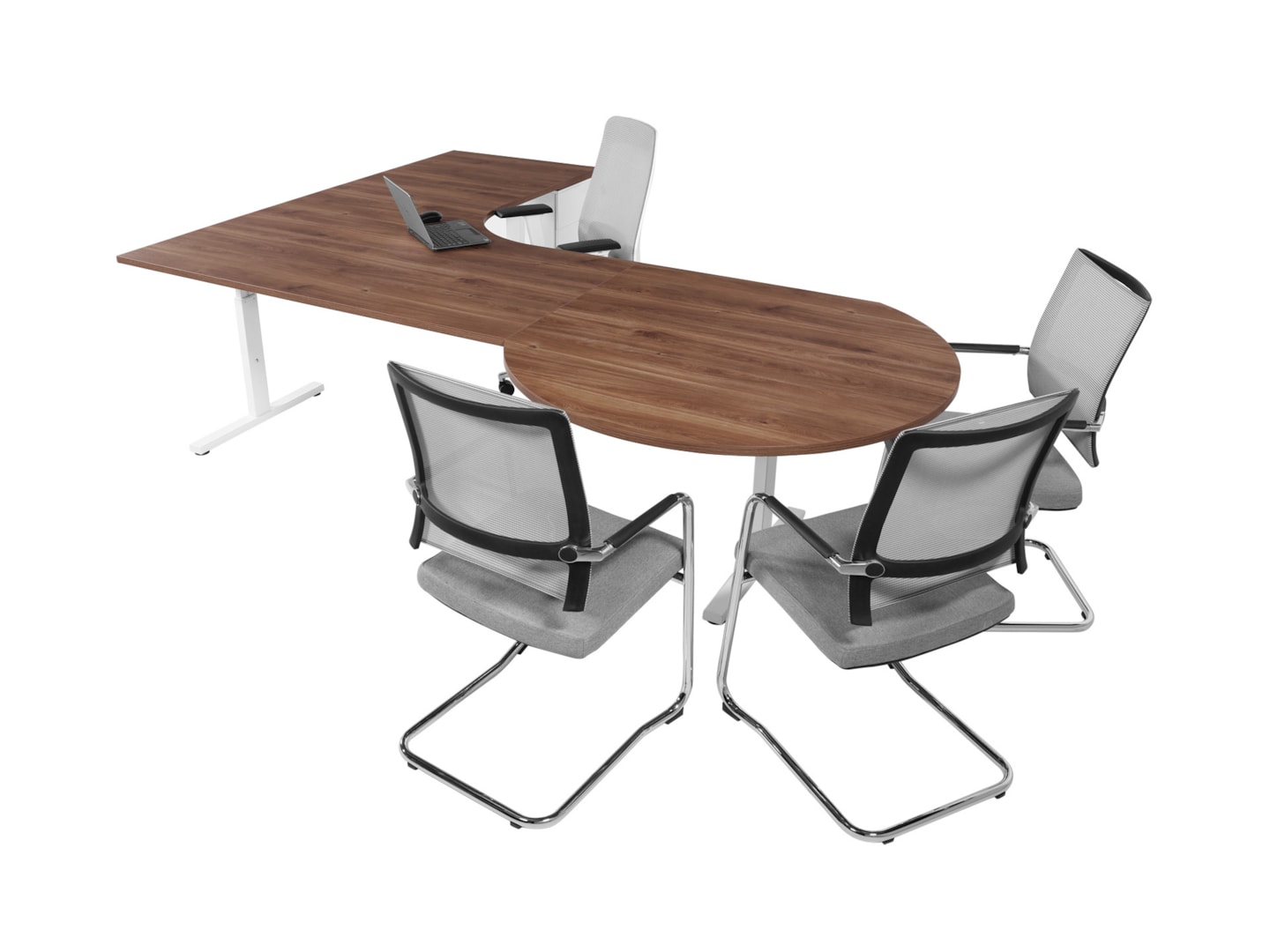 TUBE hoekbureau met vergaderstuk 320×280 cm cognac walnoten wit