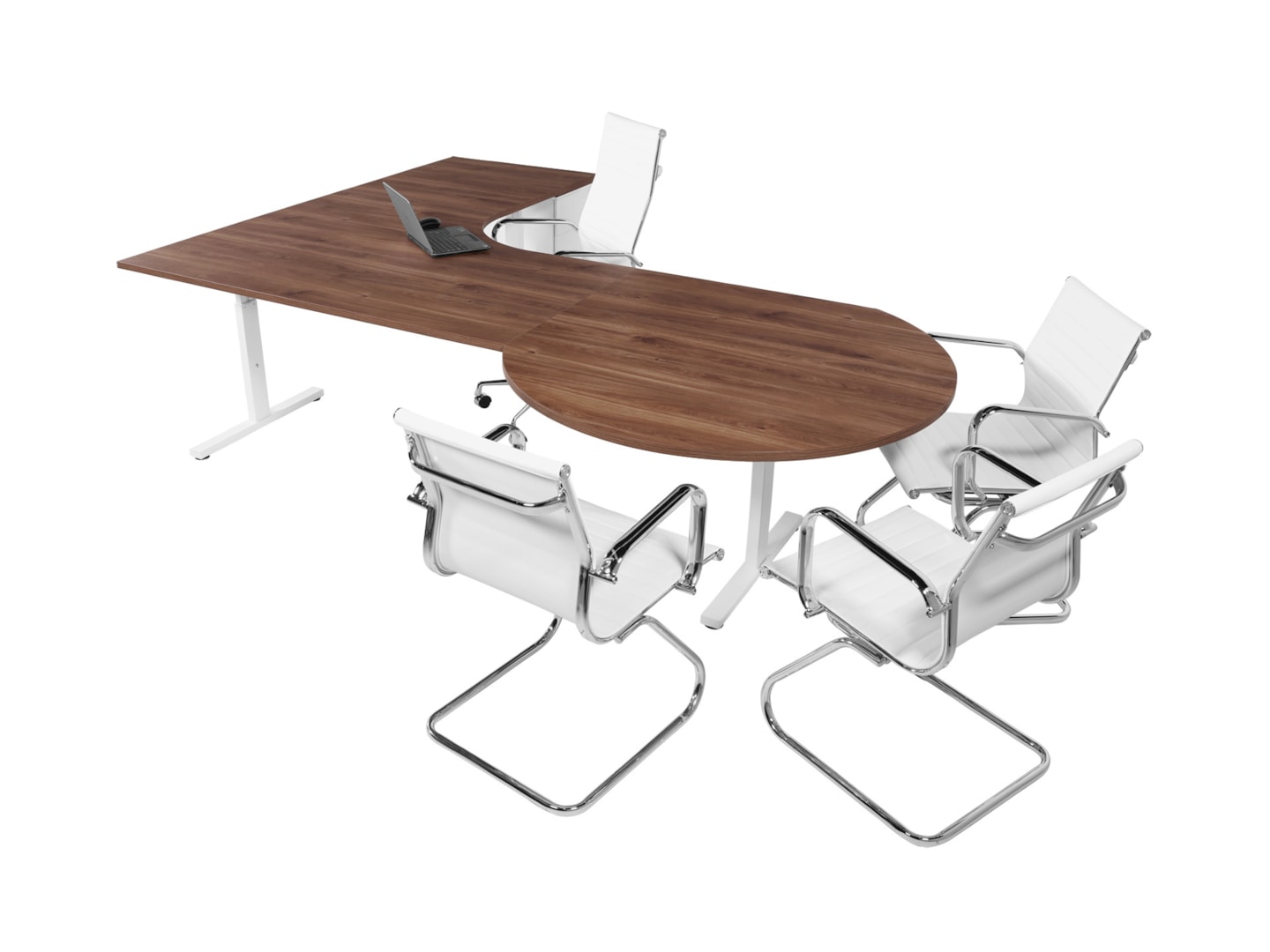 TUBE hoekbureau met vergaderstuk 280×200 cm cognac walnoten wit