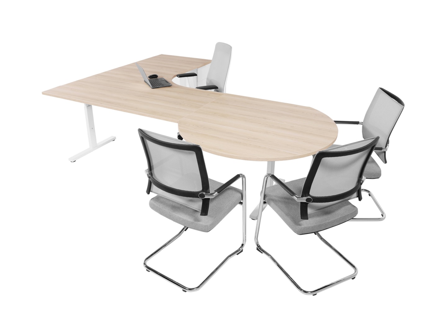 TUBE hoekbureau met vergaderstuk 320×240 cm scandinavisch eiken wit