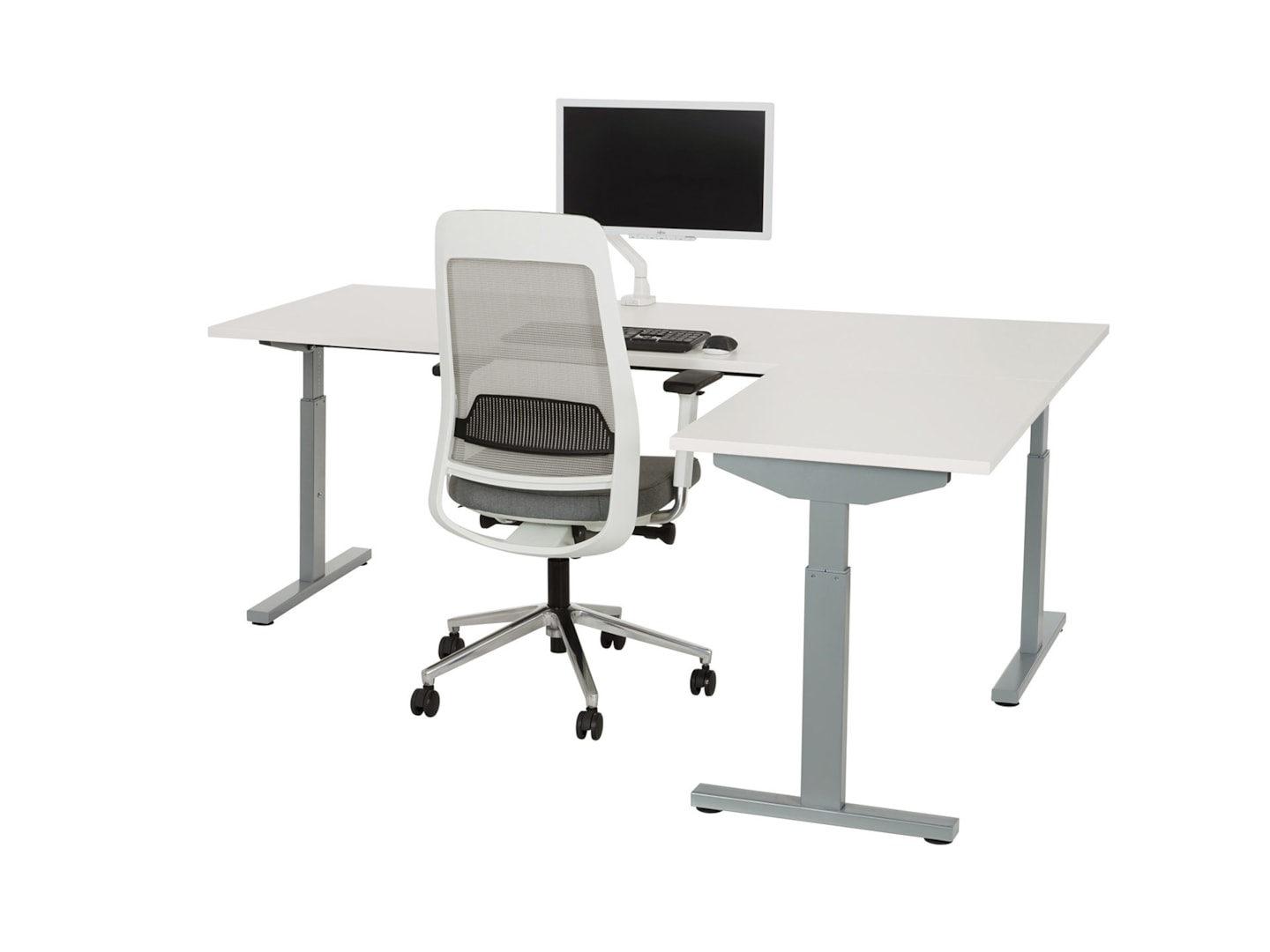TUBE instelbaar hoekbureau 160×160 cm wit zilvergrijs