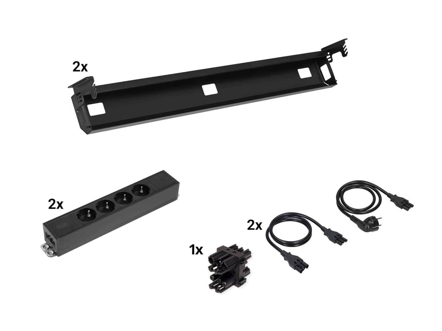 Kabelset voor duobureau – 2×4 stopcontacten – zwart