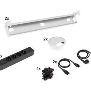 Kabelset voor duobureau – 2×4 stopcontacten + doorvoer – wit