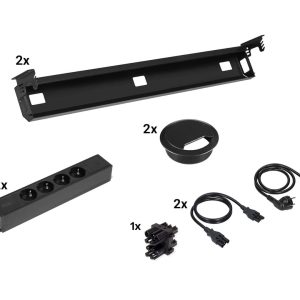 Kabelset voor duobureau – 2×4 stopcontacten + doorvoer – zwart