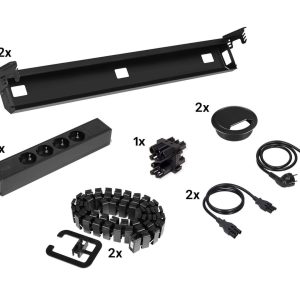 Kabelset voor duobureau – 2×4 stopcontacten + doorvoer + kabelslang – zwart