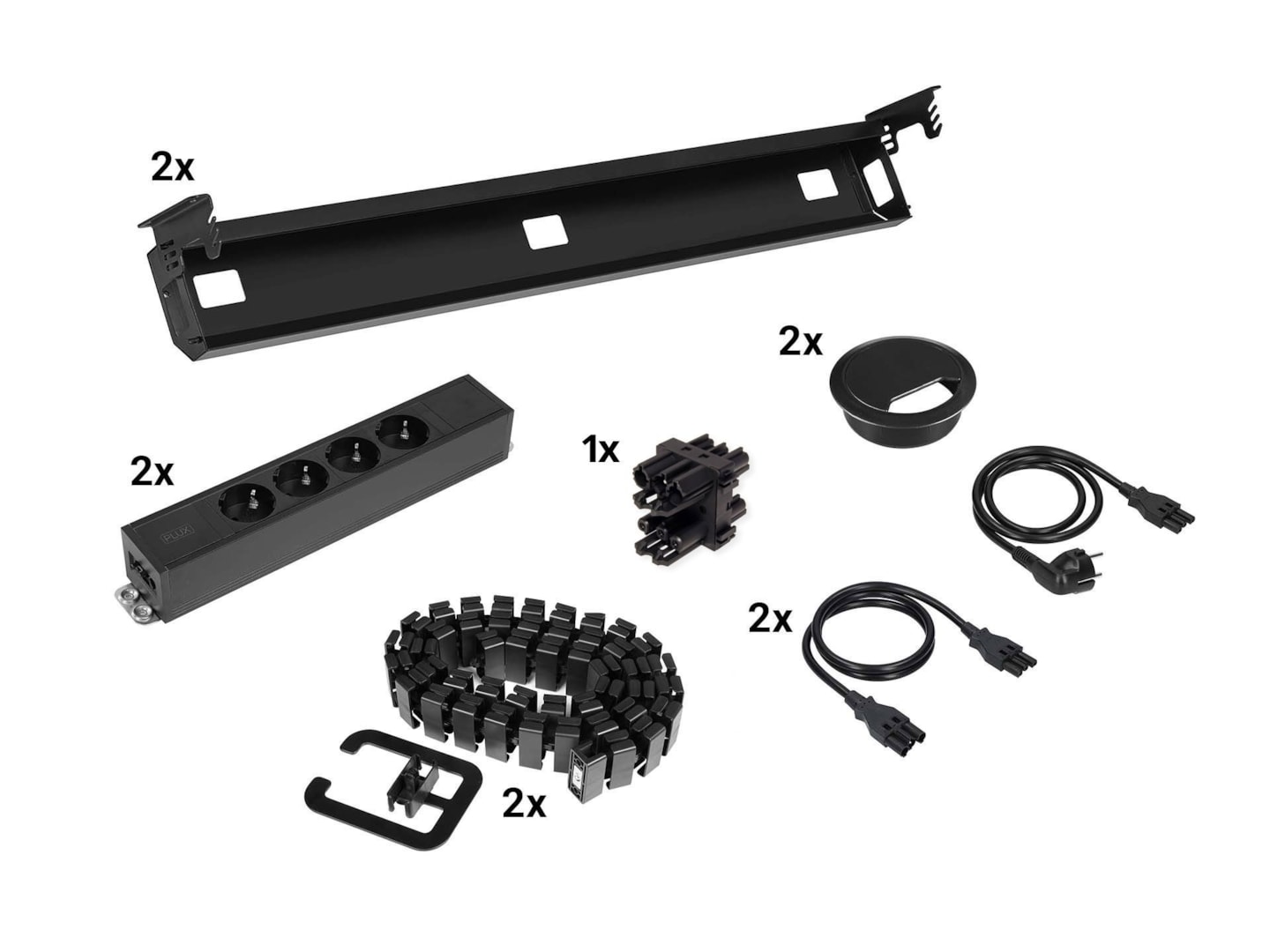 Kabelset voor duobureau – 2×4 stopcontacten + doorvoer + kabelslang – zwart