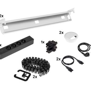 Kabelset voor duobureau – 2×4 stopcontacten + doorvoer + kabelslang – wit