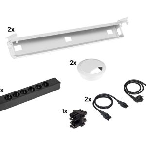 Kabelset voor duobureau – 2×6 stopcontacten + doorvoer – wit