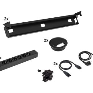 Kabelset voor duobureau – 2×6 stopcontacten + doorvoer – zwart