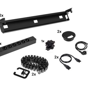 Kabelset voor duobureau – 2×6 stopcontacten + doorvoer + kabelslang – zwart