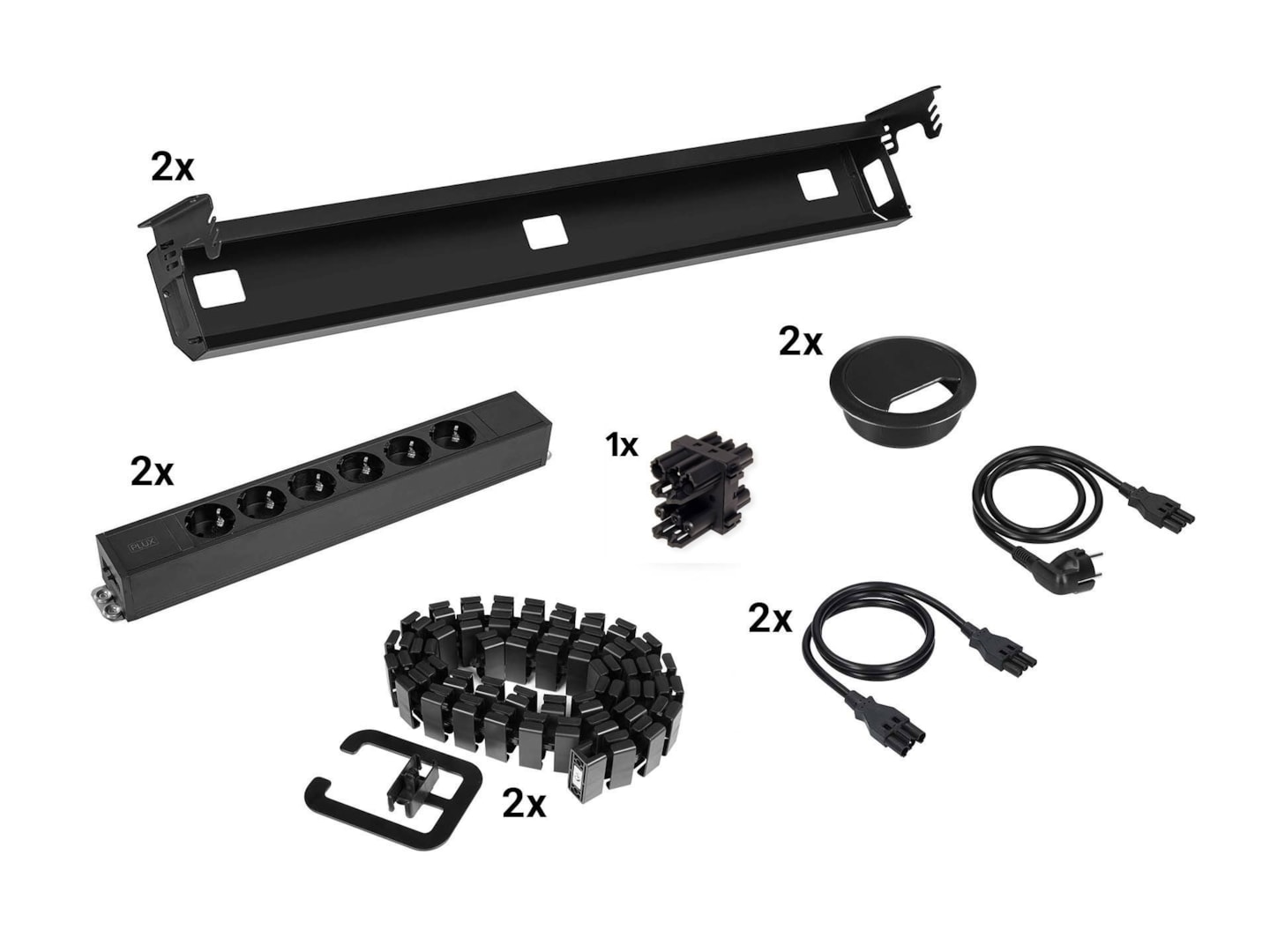 Kabelset voor duobureau – 2×6 stopcontacten + doorvoer + kabelslang – zwart